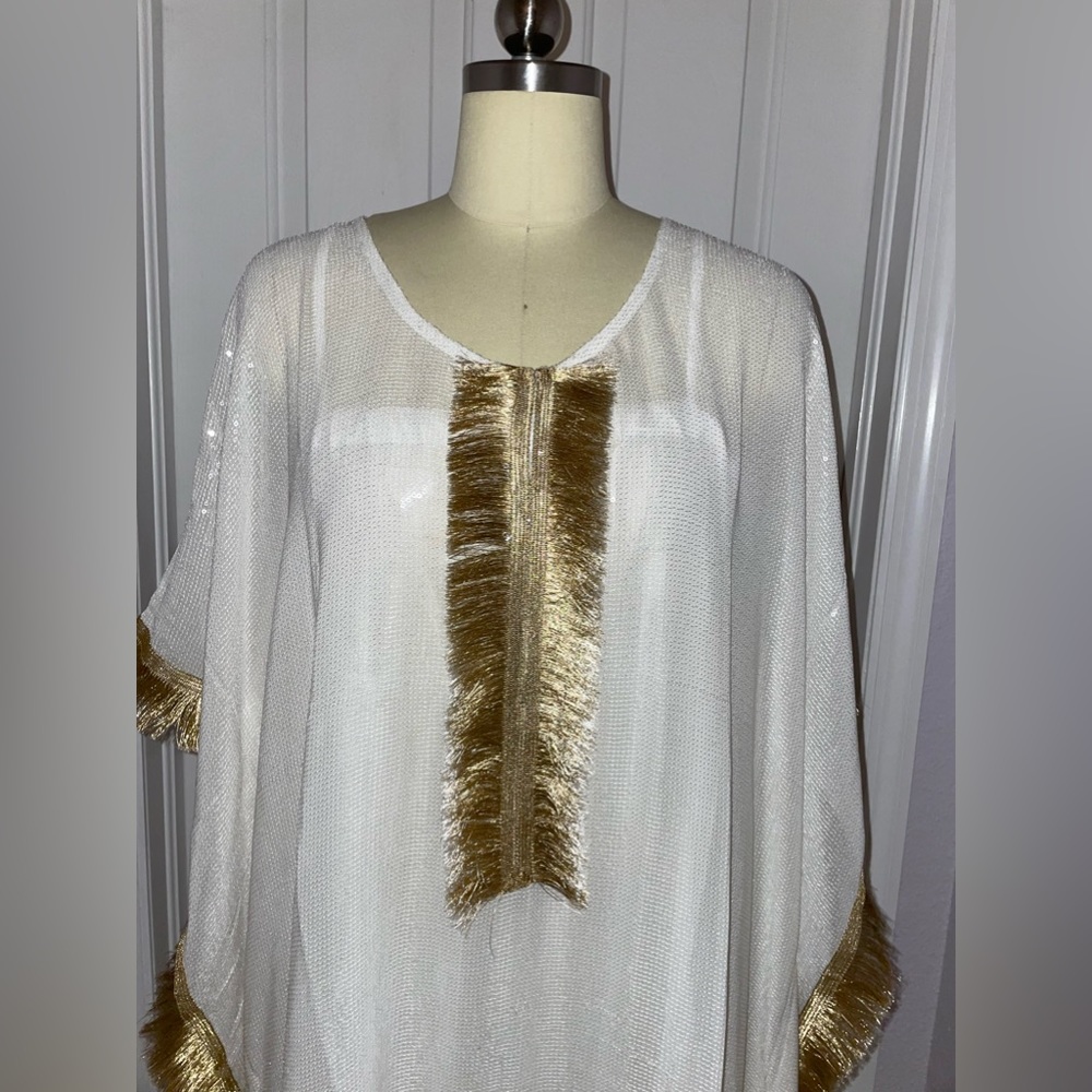 SAMA SITARA White Sequin/Gold Fringe Caftan/Dress - Picture 4 of 5